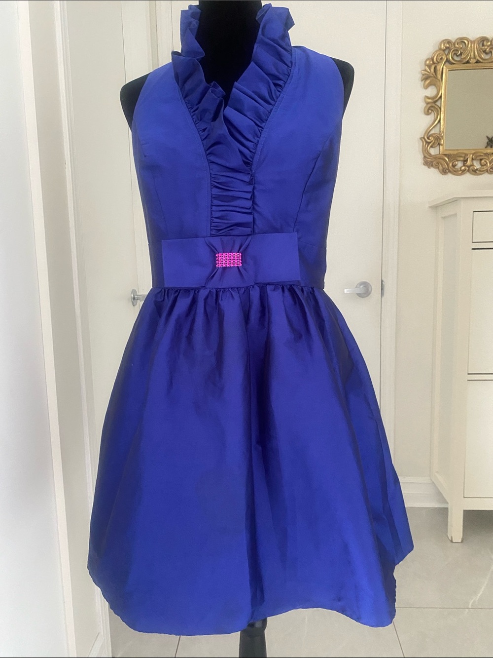 Royal Blue Short Ruffle taffeta Halter Cocktail Dress by Alfred Sung Sze Medium